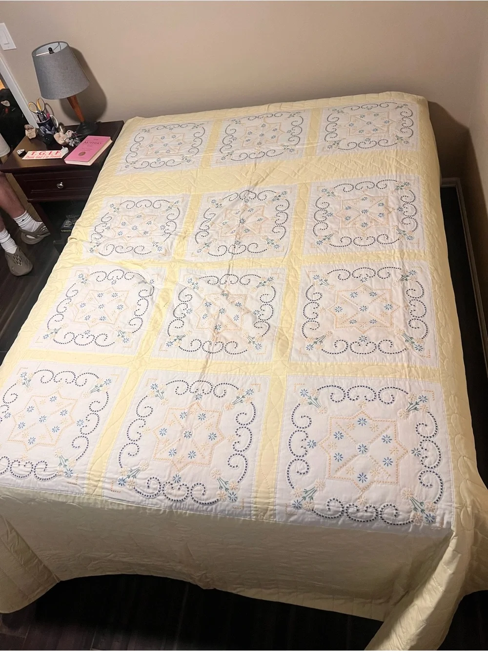 Hand-Embroidered Yellow and White Patchwork Quilt